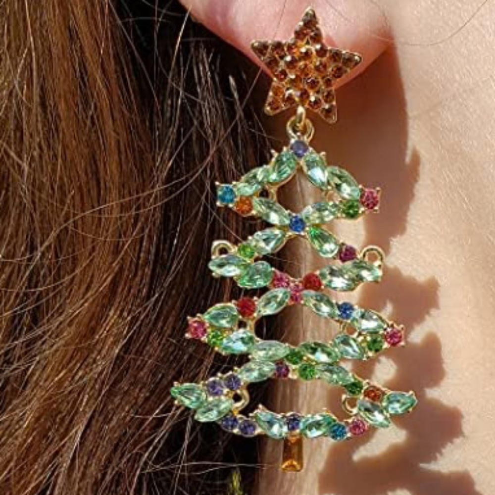 Bauble Bar Christmas Tree Earrings Statement Rhinestones and Crystals Gold 3" - Picture 1 of 8